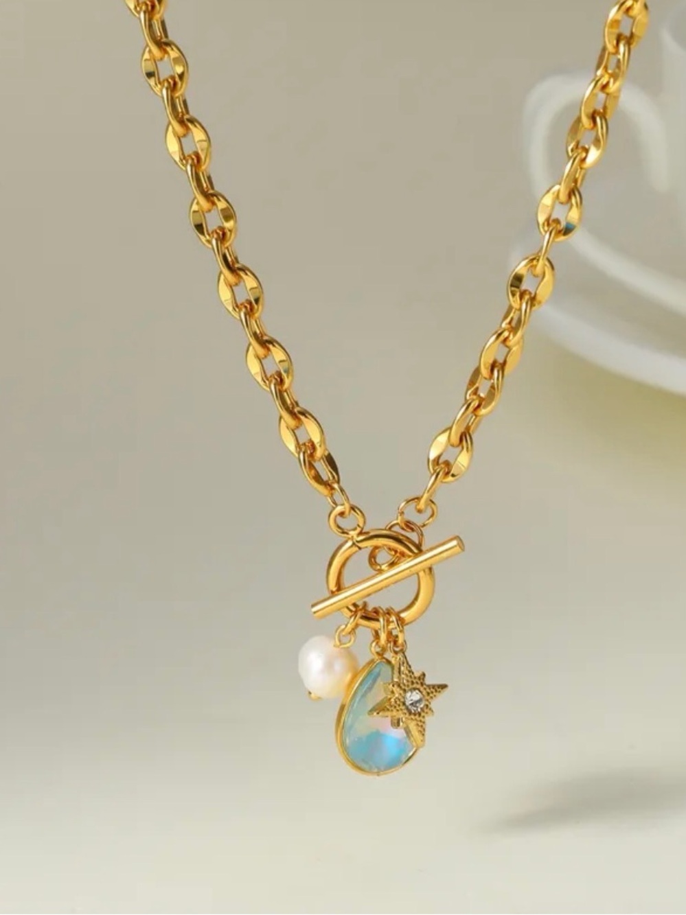 Charm Pendant Toggle Necklace with Pearl Accent NWT 18KT Gold Plated PVD